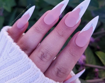 White and Silver Press on Nails, White French Tip Nails