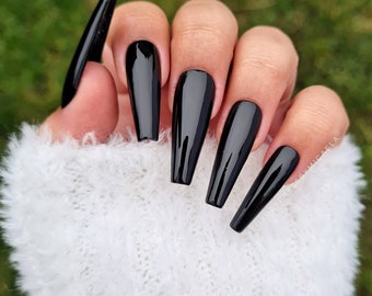 Black Glossy Nails Etsy Espana