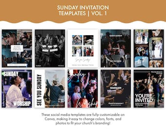 May include: A collection of ten digital social media templates titled SUNDAY INVITATION TEMPLATES | VOL. 1. The templates feature various layouts with black and white or color photography of church gatherings, worship services, and text overlays.