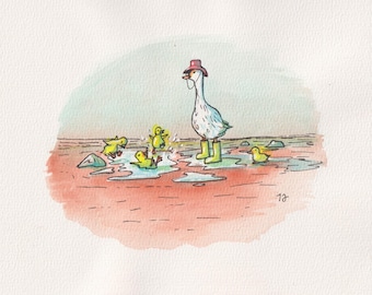 Wasser Farbe Pfütze Ente Druckt 8x8 ”cottage Kern niedliche Kunstwerk für Dekor