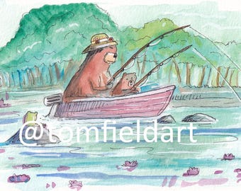 May include: A watercolour illustration depicts a large brown bear wearing a straw hat and a small bear cub sitting together in a pink motorboat on a lake. Both bears hold fishing rods. The text @tomfieldart is overlaid on the water surface.