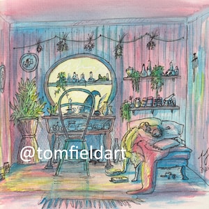 May include: Watercolor illustration of a cozy room with a desk, chair, and bed. The room is filled with plants, bottles, and shelves. A dog is sleeping on the bed. The text "@tomfieldart" is visible.