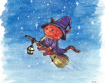 Aquarell und Tinte Hexe Katze fliegenden Besen bei Nacht Drucke und Leinwand