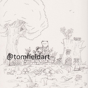 May include: A whimsical pen and ink illustration of a frog watering plants in a garden. The scene includes a tree, mushrooms, a bird, and a treehouse. The artist's name, @tomfieldart, is visible.