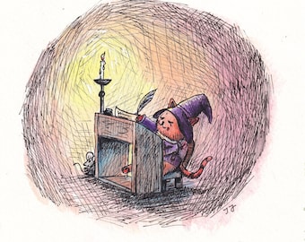 Aquarell und Tinte Orange Katze am Schreibtisch Drucke