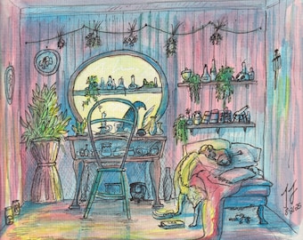 'Aquarell Hexenwerkstatt mit Hund' Prints 23x21cm große magische Hexen Kunstwerke