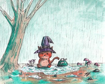 'Rainy Witch Cat Prints 8.5x11 ''niedliche witchy Grafik