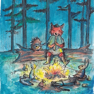 Watercolor and Ink Flute Playing Fox and Friends prints and canvas