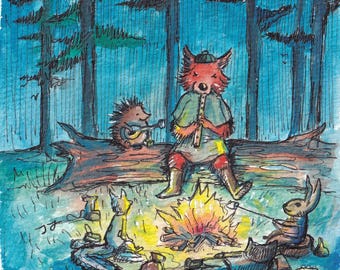 Aquarell und Tinte Flöte spielender Fuchs und seine Freunde Drucke und Leinwand