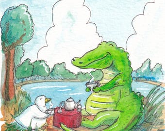 Watercolor and Ink Crocodile and Duck Tea Time Prints and Canvas