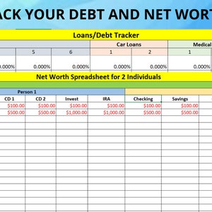 Peut inclure: Une feuille de calcul avec un en-tête jaune qui indique "Track Your Debt and Net Worth!!". La feuille de calcul est divisée en deux sections : "Loans/Debt Tracker" et "Net Worth Spreadsheet for 2 Individuals". La section "Loans/Debt Tracker" comporte des colonnes pour "Student Loans", "Car Loans" et "Medical Debt". La section "Net Worth Spreadsheet for 2 Individuals" comporte des colonnes pour "CD 1", "CD 2", "Invest", "IRA", "Checking" et "Savings".