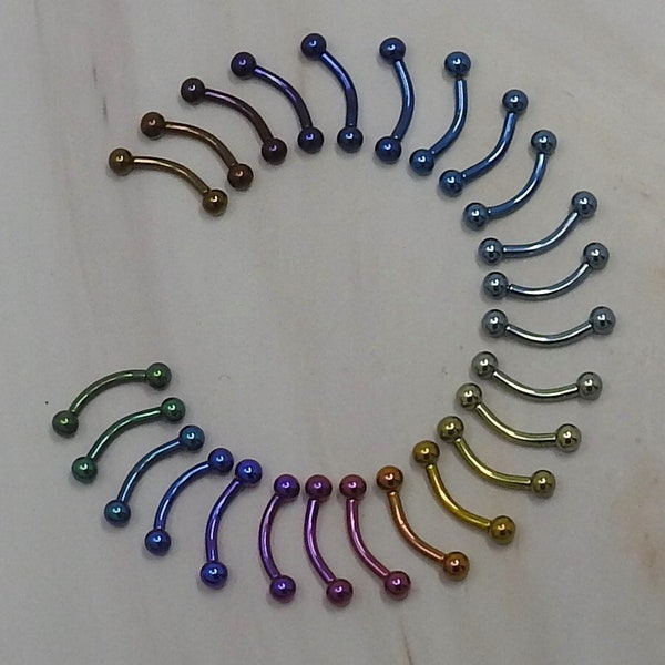 Titanium ASTM F136 Anodised Micro Curved Barbells 1.2mm (16ga) Suitable for Eyebrow, Forward Helix, Rook, Vertical Labret, Anti Tragus etc