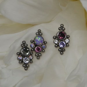 Titanium ASTM F136 (in172) CZ and Fire Opal Beaded Cluster Internally Threaded 1.2mm 16ga. Suitable for Helix, Conch, Cartilage Tragus etc