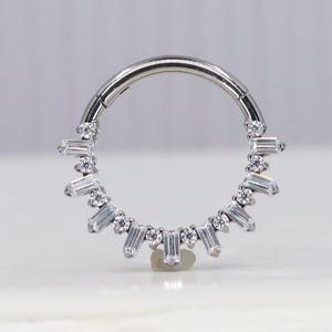 Titanium ASTM F136 (cl13) Baguette Zirconia, Ice Crystal clicker, Hinged Hoop 1.2mm (16ga) suitable daith, septum, rook, helix, cartilage