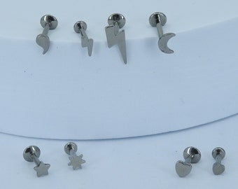 Titanium Moon, Star, Heart, Comma Lightening Internally Threaded 1.2 mm 16g Suitable for Tragus, Monroe, Medusa, Cartalige, Helix, Conch etc