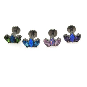 Titanium ASTM F136 (in186) Fire Opal and CZ Marquise Fan Internally Threaded 1.2 mm 16g Suitable for Cartilage, Helix, Conch, Tragus  etc