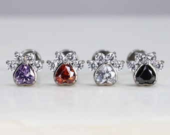 Titanium ASTM F136 (in85) Zirconia set Cat Paw, Animal Paw, Dog Paw internally threaded 1.2mm (16ga) conch, helix, cartilage, lobe, tragus