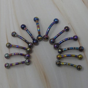 Titanium ASTM F136 Anodised Oil Slick Style Curved Micro Barbells 1.2mm (16ga) Suitable Eyebrow, Vertical Labret, Forward Helix, Rook etc