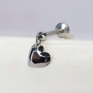 Titanium ASTM F136 (in191) Heart Dangle internally threaded 1.2mm (16ga) suitable helix, cartilage, conch, tragus, lobe