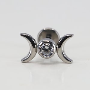 Titanium ASTM F136 (in290) Zirconia Triple moon, Goddess internally threaded 1.2mm (16ga) suitable helix, cartilage, conch, tragus, lobe