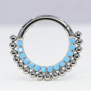 Titanium ASTM F136 (cl86) Turquoise Beaded Clicker 1.2mm (16ga) suitable for septum, daith, eyebrow, rook, cartilage, helix etc