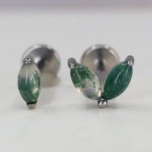 Titanium ASTM F136 (in168) stone marquise moss agate internally threaded 1.2mm (16ga) suitable for conch, tragus, helix, cartilage