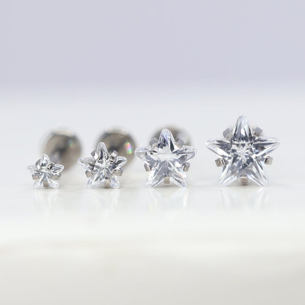 Titanium ASTM F136 (in19) CZ Star Internally Threaded 1.2 mm 16g Labret Stud Suitable for Cartilage, Helix, Conch, Tragus, Lobe etc