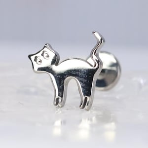 May include: A silver cat-shaped stud earring. The earring has a stylized cat silhouette with a curved tail and a post backing. The cat's body is smooth and reflective, with visible details.
