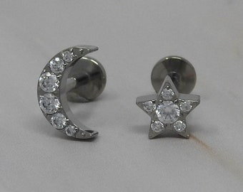 Titanium ASTM F136 (in170) CZ Star or Moon Internally Threaded 1.2mm (16ga) Suitable for Conch, Tragus, Lobe, Helix, Cartilage, Flat etc