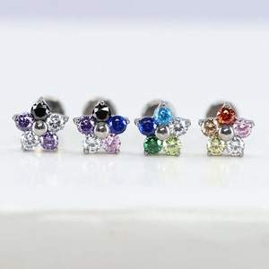 Titanium ASTM F136 (in106) Multi Zirconia Rainbow Flower internally threaded 1.2mm (16ga) suitable for conch, tragus, helix, cartilage etc