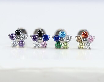 Titanio ASTM F136 (in106) Multi Zirconia Flor arcoíris con rosca interna de 1,2 mm (16 ga) adecuada para caracola, trago, hélice, cartílago, etc.