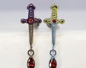 Titanium ASTM F136 (in29) Anodised Da**ger and Zirconia gem internally threaded 1.2mm (16ga) suitable helix, cartilage, lobe, flat, conch