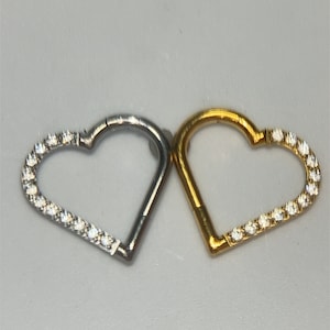 Titanium ASTM F136 cl22 Heart Cubic Zirconia Clicker 1.2mm 16ga Suitable for Daith, Rook, Septum etc image 1