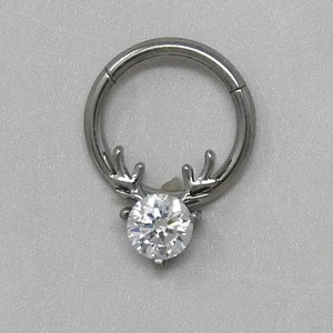 Titanium ASTM F136 (cl48) Cubic Zirconia Deer Clicker 1.2mm (16ga) Suitable for Septum, Eyebrow, Daith, Rook, Cartilage, Helix, Lobe etc