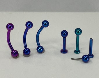 Titanium ASTM F136 Anodised Threadless Push-Pin Barbell or Labret 0.8-1.6mm (20ga-14ga) suitable for conch, tragus, rook. helix, cartilage