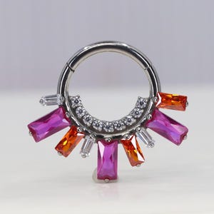 Titanium ASTM F136 (cl38) Pink baguette zirconia clicker, Hinged Hoop 1.2mm (16ga) suitable for daith, septum, rook, helix, cartilage etc