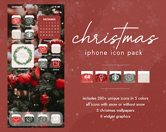 May include: A Christmas-themed iPhone icon pack with a red background and a green Christmas tree. The icon pack includes 280+ unique icons in 5 colours, all icons with snow or without snow, 5 Christmas wallpapers, and 8 widget graphics.