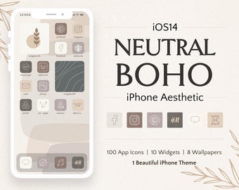 May include: A mockup of an iPhone screen with a neutral boho aesthetic theme. The screen shows a variety of app icons with a neutral color palette, including beige, brown, and white. The text "iOS14 NEUTRAL BOHO iPhone Aesthetic" is displayed at the top of the image. The text "100 App Icons | 10 Widgets | 8 Wallpapers 1 Beautiful iPhone Theme" is displayed at the bottom of the image.