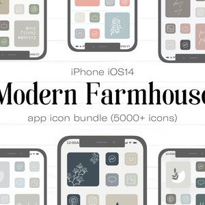 Puede incluir: Una colección de pantallas de inicio de iPhone con iconos de aplicaciones personalizados en un estilo moderno de granja. Los iconos presentan una paleta de colores neutros con ilustraciones simples de plantas, hojas y formas geométricas. El texto "Modern Farmhouse" y "app icon bundle (5000+ icons)" se muestra debajo de las imágenes.