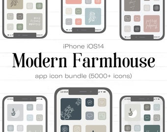 Pode incluir: Uma coleção de telas iniciais do iPhone com ícones de aplicativos personalizados em um estilo moderno de fazenda. Os ícones apresentam uma paleta de cores neutras com ilustrações simples de plantas, folhas e formas geométricas. O texto "Modern Farmhouse" e "app icon bundle (5000+ icons)" é exibido abaixo das imagens.