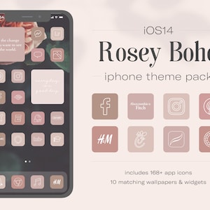 Pink Rose Boho iPhone Theme Pack | iPhone iOS16 App Icons | 168 icons in 5 colors | iPhone Wallpapers & Widgets | iPhone Widgets | App Icons