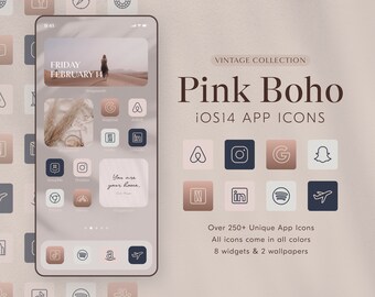 Iconos de aplicaciones estilo boho rosa cálido / Tema para iPhone iOS16 (Descarga digital)