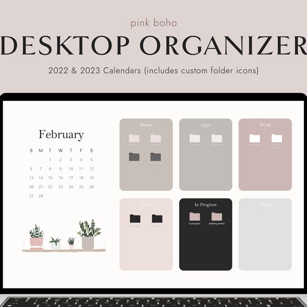 Organizador de fondos de escritorio editable + Iconos de carpetas / Minimalista / Calendario 2022 y 2023 / Rosa Neutro / Proporciones 16x10 16x9