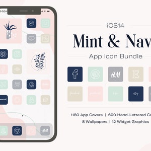 Mint and Navy Boho iPhone App Icon Theme Bundle | iPhone iOS16 App Icons | 236 app covers 120 lettered icons | iPhone Wallpapers & Widgets