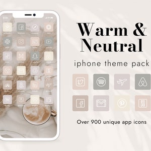 Puede incluir: Una pantalla de teléfono con un esquema de color cálido y neutro. La pantalla muestra una cuadrícula de iconos de aplicaciones con un contorno blanco. Los iconos están sobre un fondo beige y marrón. El texto "Warm & Neutral" y "iphone theme pack" se muestra sobre la pantalla del teléfono. El texto "Over 900 unique app icons" se muestra debajo de la pantalla del teléfono.