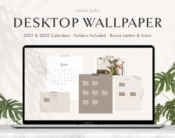 Neutral Boho Desktop Wallpaper Organizer | Calendar, Folder Icons (Digital Download)
