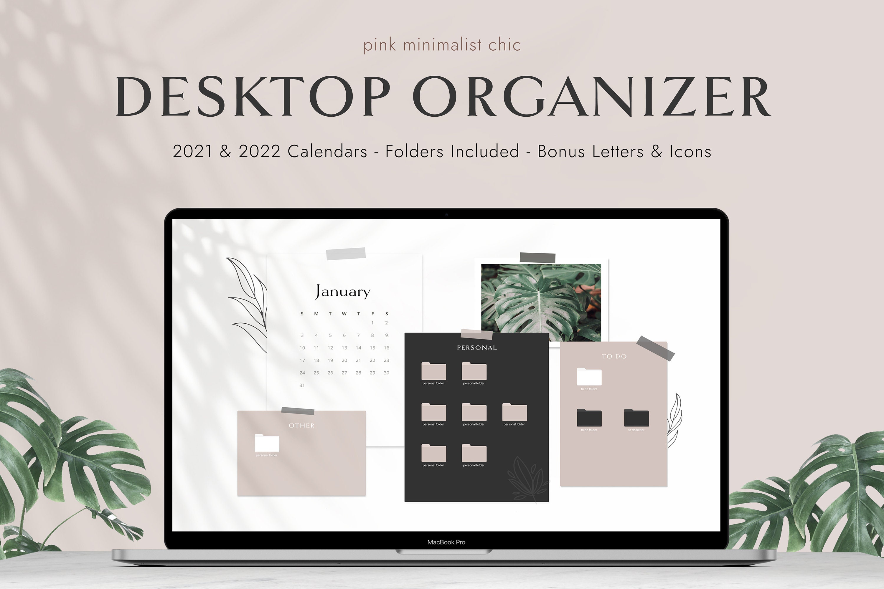 Pink Minimalist Chic Desktop Wallpaper Organizer Includes | Etsy