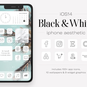 Black & White iOS16 App Icons | 100 App Covers | Icon Pack | iPhone Wallpapers | iOS15 Widgets | Home Screen Icons | iPhone Aesthetic