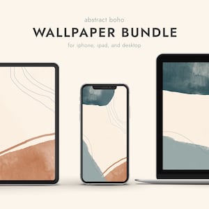 Puede incluir: Un conjunto de tres fondos de pantalla abstractos boho para iPhone, iPad y escritorio. Los fondos de pantalla presentan un fondo beige con formas y líneas abstractas azules y naranjas.