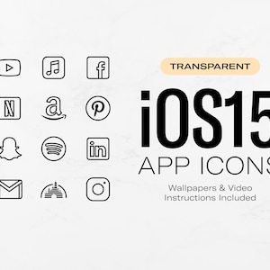 Transparent Black iPhone App Icons - Clean Outlined Minimal - Wallpapers Included - iOS16 & iOS15 App Icon Pack - High Quality PNG